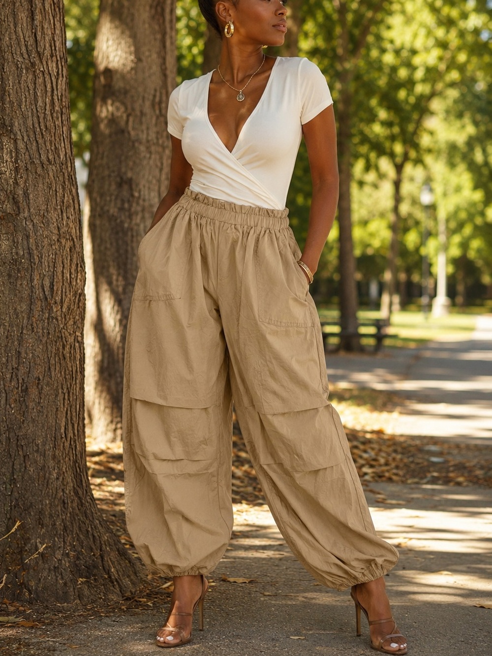 Casual Wide-Leg Cargo Pants in Tan